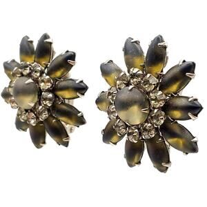 Flower Earrings Judy Lee Rhinestone Satin Gray Green Layered Petal Clip On 1960s